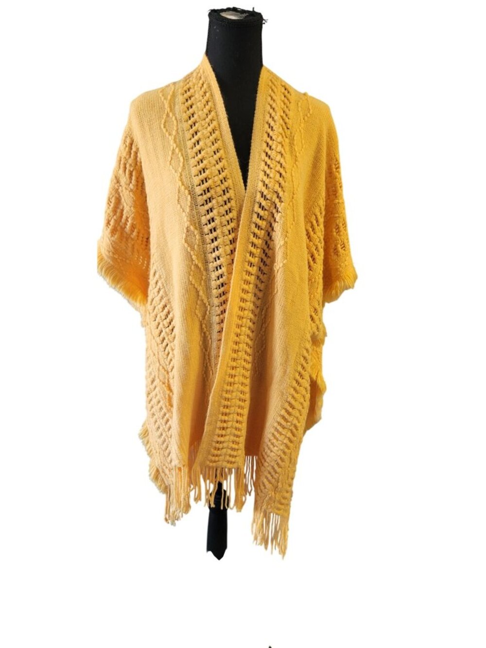 Original Anthony This mustard yellow open-front poncho textured diamond Knit OS - Picture 2 of 10